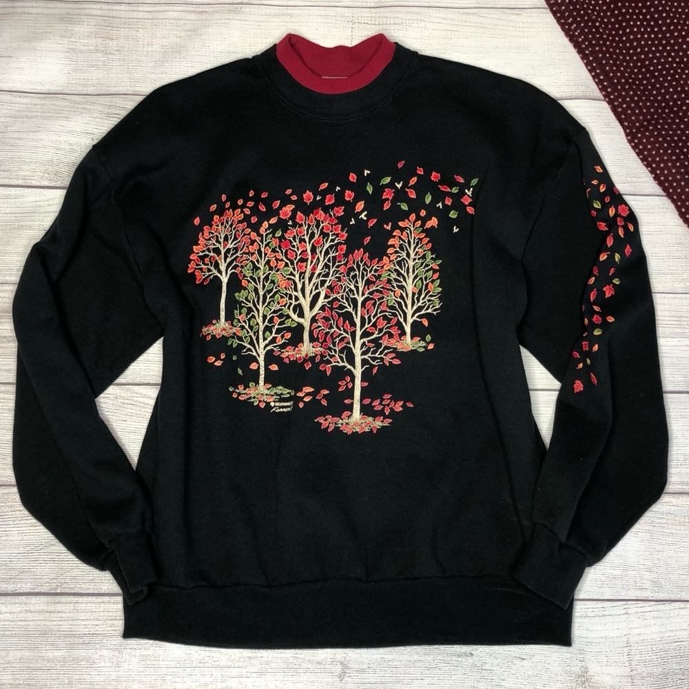Morning Sun Vintage Black Fall Autumn Tree Leaves Pullover Sweater Sweatshirt XL